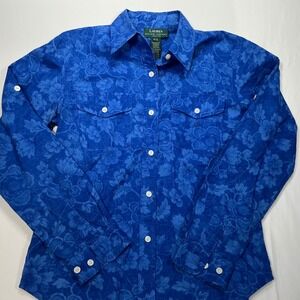 Lauren‎ Ralph Lauren Petite Small Blue Floral Button Down Long Sleeve Shirt